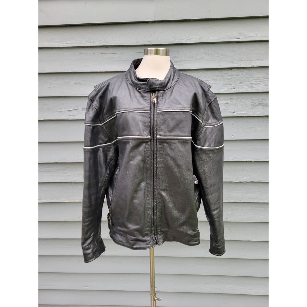 Vintage 90s Leather King‎ Motorcycle Jacket Black Reflective Thinsulate Mens 48